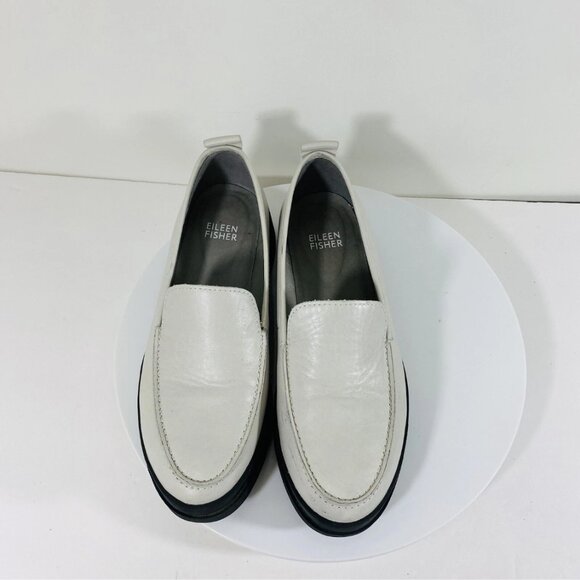 Eileen Fisher Leather Chunky Penny Loafers Womens 6.5 Light Gray Preppy Academia - Picture 3 of 12